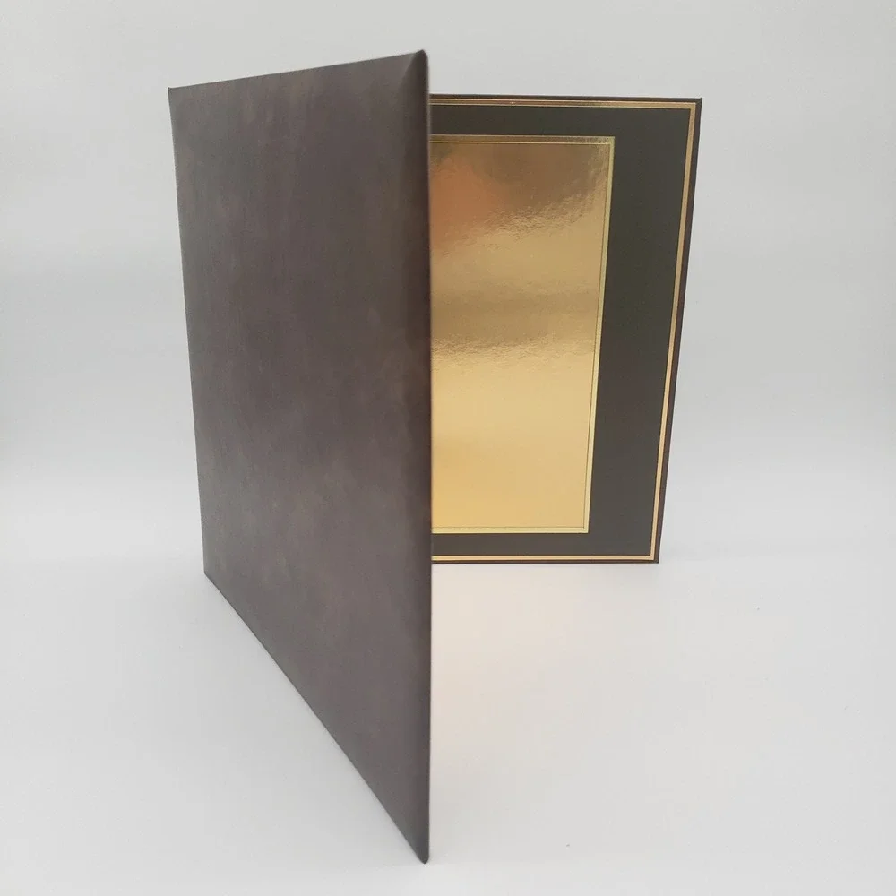 Professional Brown Faux Leather Dual Certificate Holder Gold Foil Award Folder